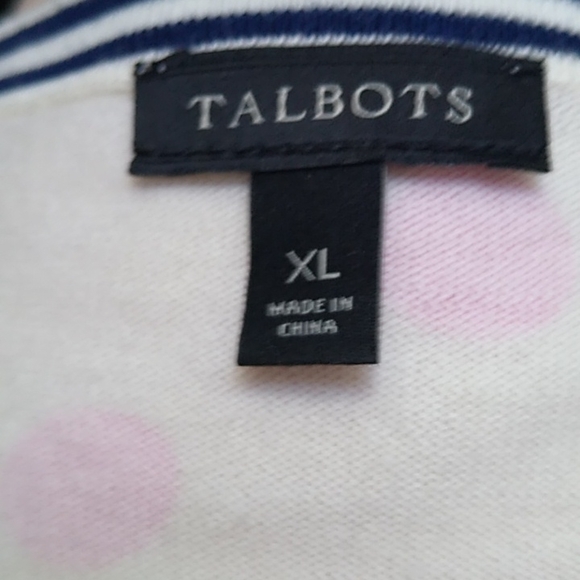 Talbots white pink poka dot cardigan with navy blue trim (neck bottom hem sleeve - Picture 7 of 7
